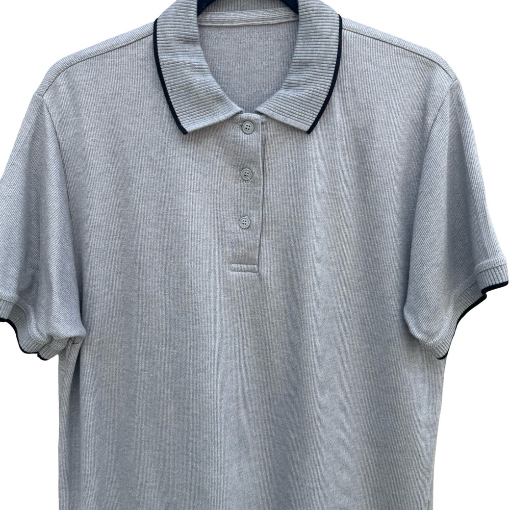 Vintage 80s Grey Ribbed Knitwear Short Sleeve Polo M Preppy Old Money Minimalist - Picture 2 of 9